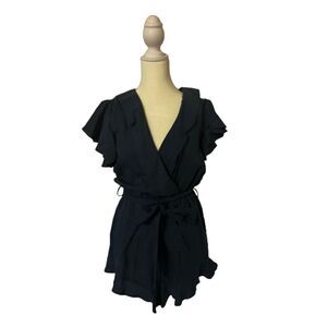 Lovers + Friends Ruffle Romper Cross Neck Navy Blue Size XS